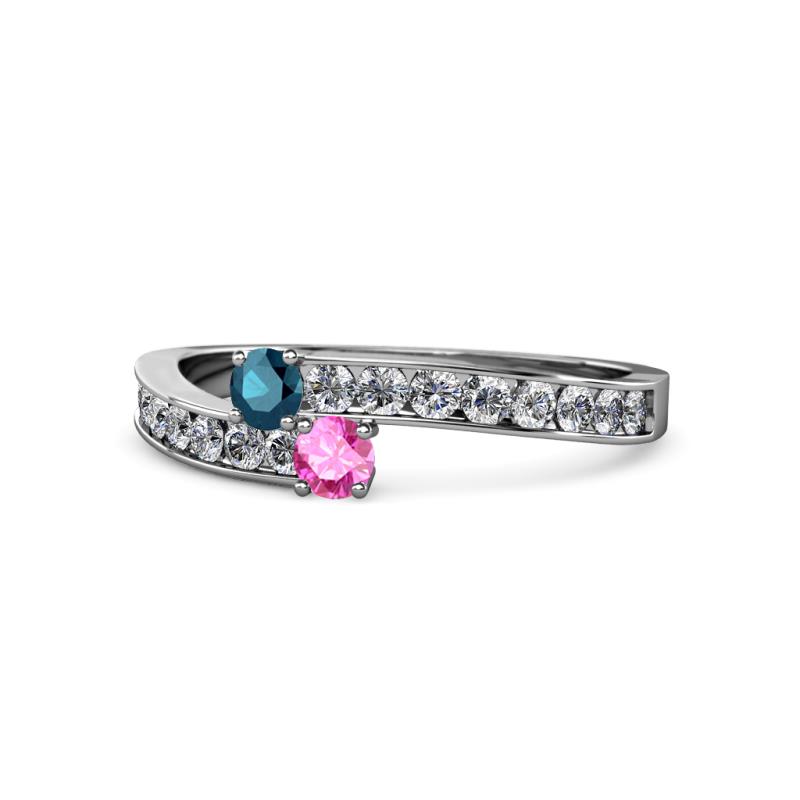 Orane Blue Diamond and Pink Sapphire with Side Diamonds Bypass Ring 