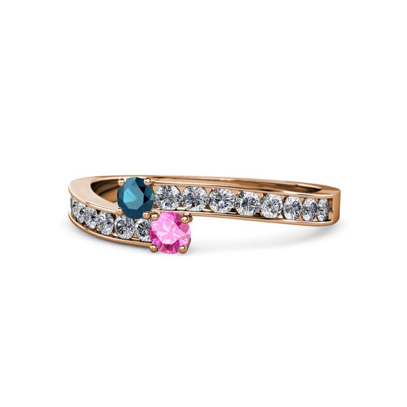 Orane Blue Diamond and Pink Sapphire with Side Diamonds Bypass Ring 