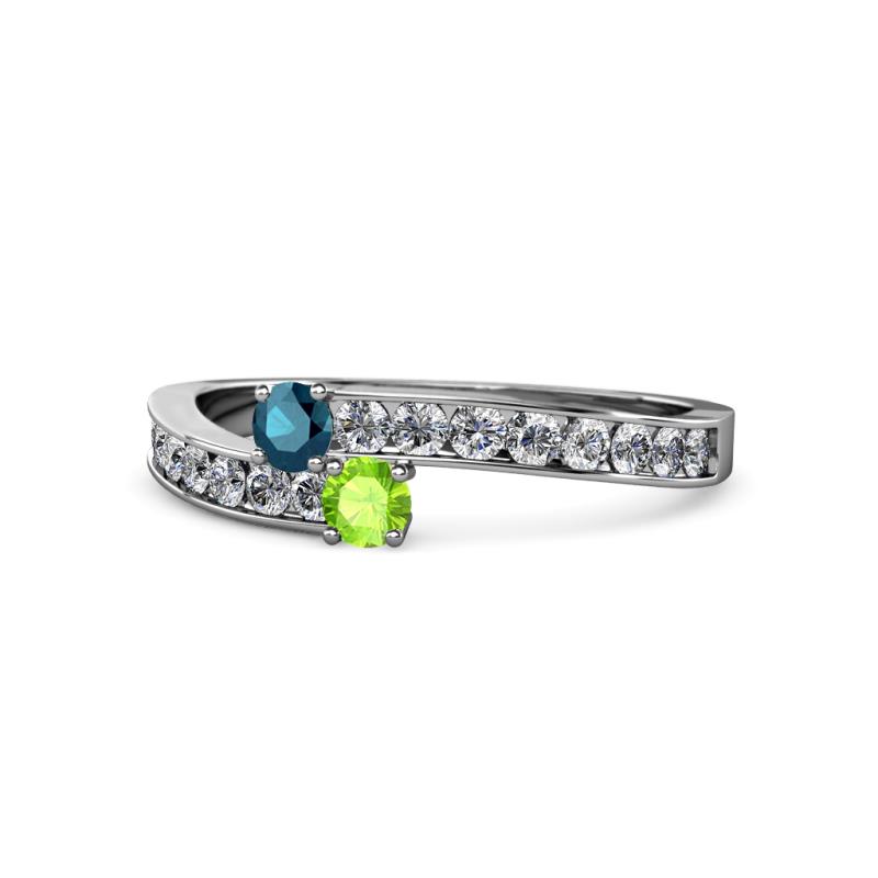 Orane Blue Diamond and Peridot with Side Diamonds Bypass Ring 