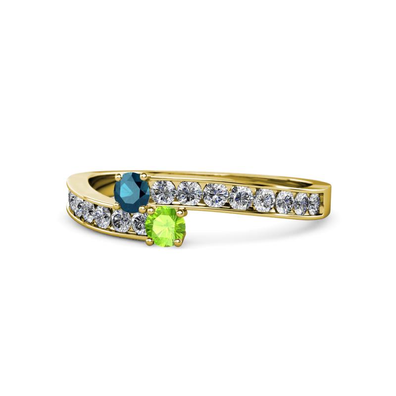 Orane Blue Diamond and Peridot with Side Diamonds Bypass Ring 