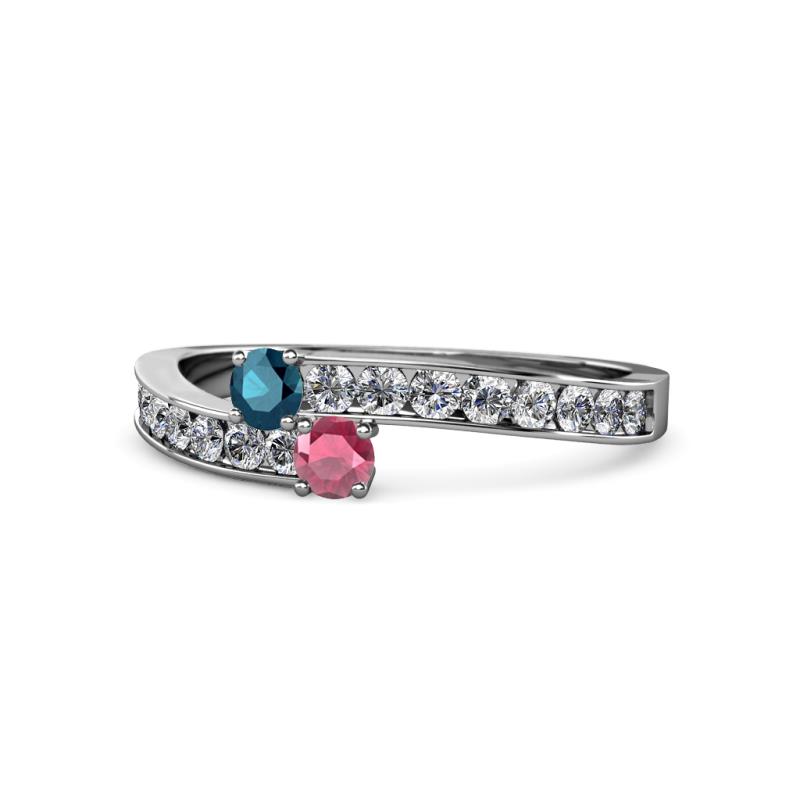 Orane Blue Diamond and Rhodolite Garnet with Side Diamonds Bypass Ring 