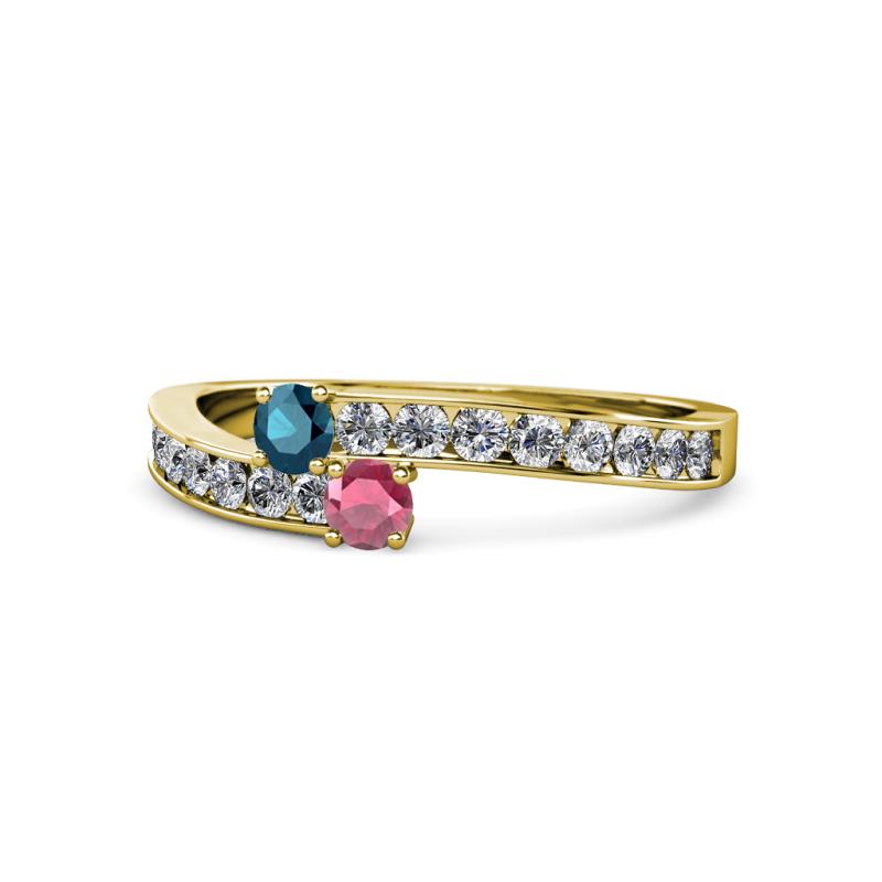 Orane Blue Diamond and Rhodolite Garnet with Side Diamonds Bypass Ring 