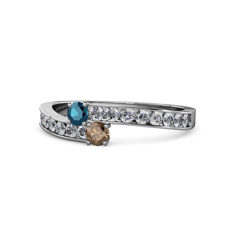 Orane Blue Diamond and Smoky Quartz with Side Diamonds Bypass Ring 