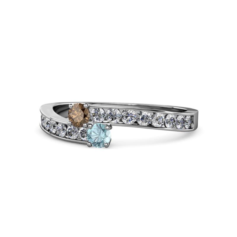Orane Smoky Quartz and Aquamarine with Side Diamonds Bypass Ring 