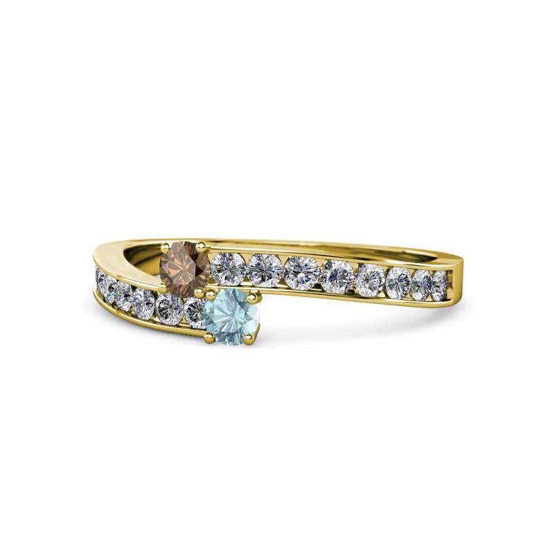 Orane Smoky Quartz and Aquamarine with Side Diamonds Bypass Ring 