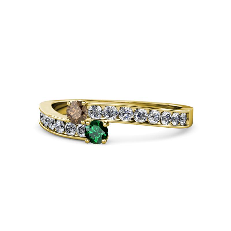 Orane Smoky Quartz and Emerald with Side Diamonds Bypass Ring 