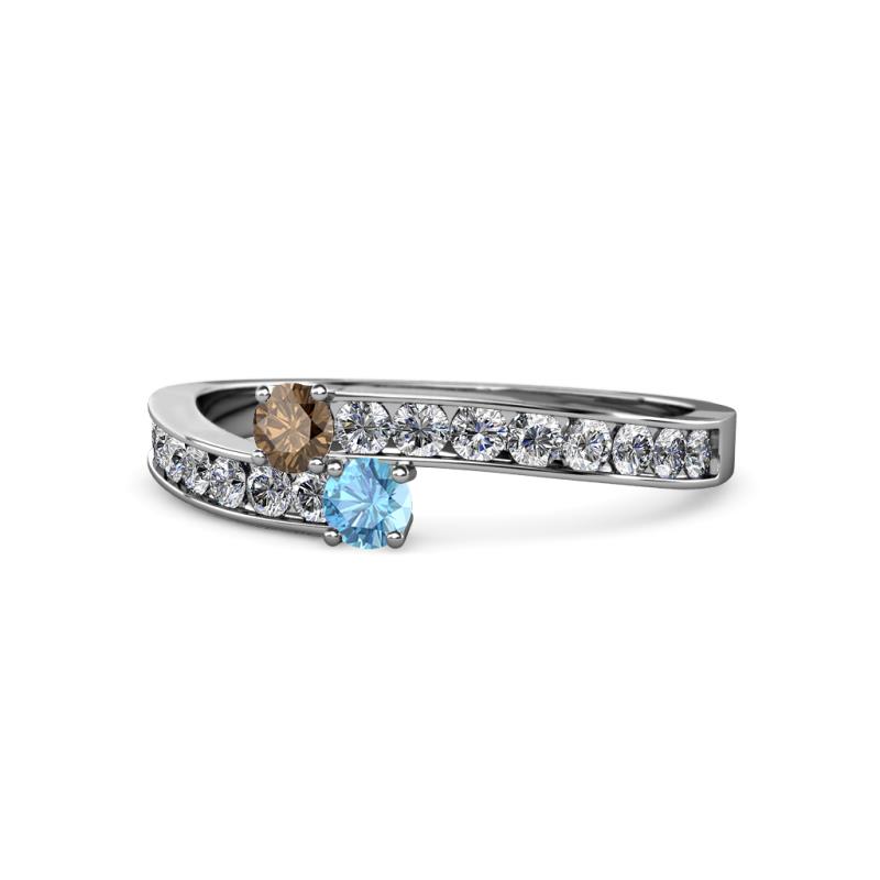 Orane Smoky Quartz and Blue Topaz with Side Diamonds Bypass Ring 