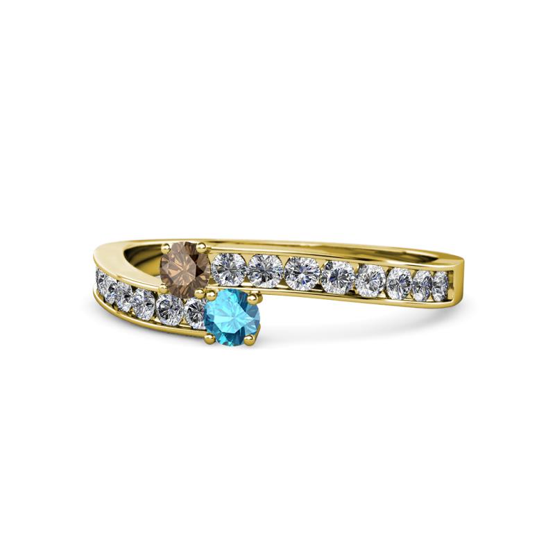 Orane Smoky Quartz and London Blue Topaz with Side Diamonds Bypass Ring 
