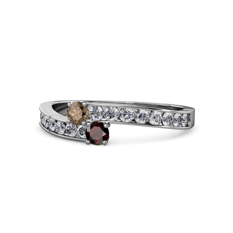 Orane Smoky Quartz and Red Garnet with Side Diamonds Bypass Ring 