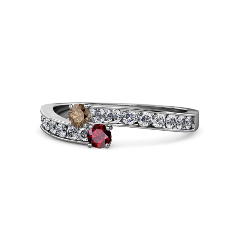 Orane Smoky Quartz and Ruby with Side Diamonds Bypass Ring 