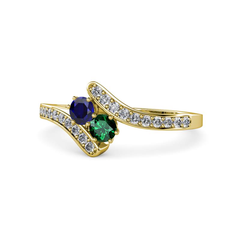 Eleni Blue Sapphire and Emerald with Side Diamonds Bypass Ring 