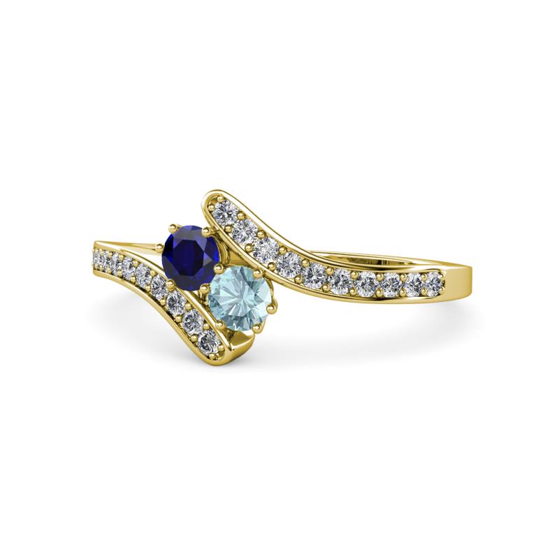 Eleni Blue Sapphire and Aquamarine with Side Diamonds Bypass Ring 