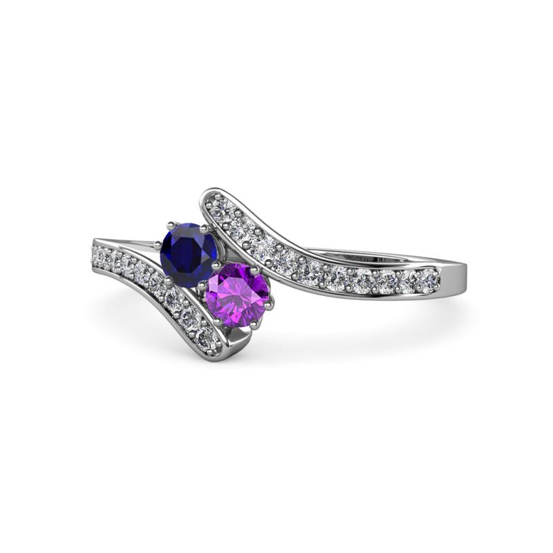 Eleni Blue Sapphire and Amethyst with Side Diamonds Bypass Ring 