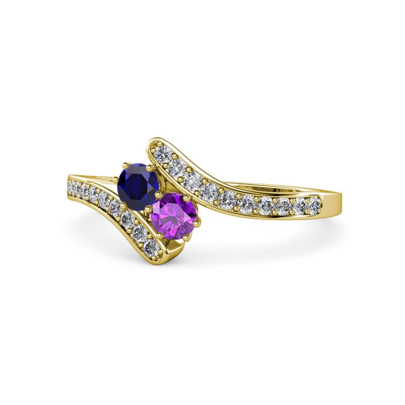 Eleni Blue Sapphire and Amethyst with Side Diamonds Bypass Ring 