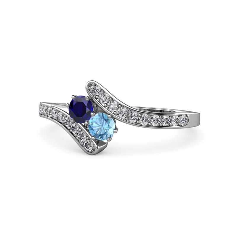 Eleni Blue Sapphire and Blue Topaz with Side Diamonds Bypass Ring 