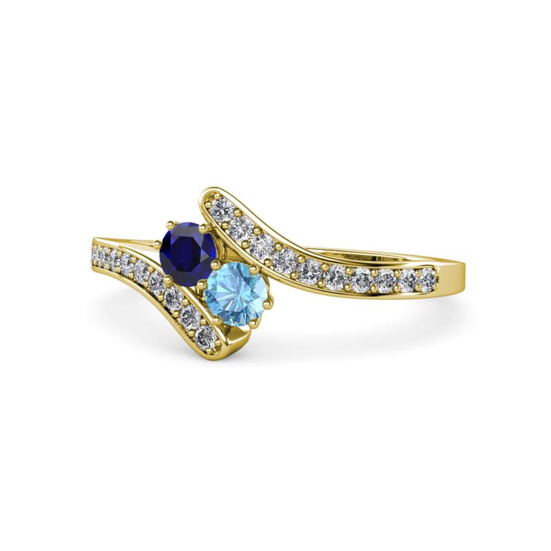 Eleni Blue Sapphire and Blue Topaz with Side Diamonds Bypass Ring 