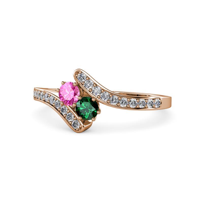 Eleni Pink Sapphire and Emerald with Side Diamonds Bypass Ring 