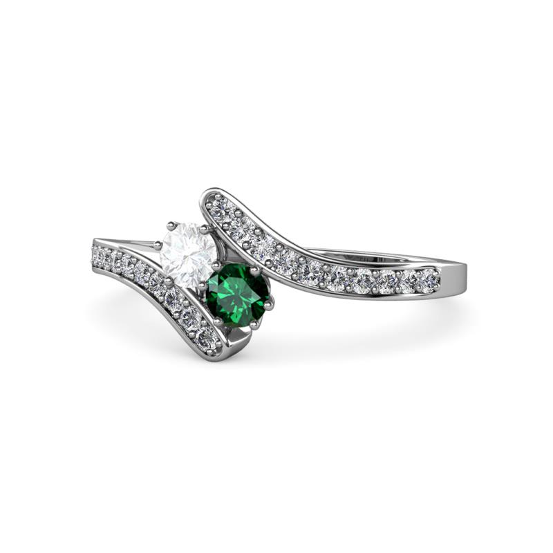 Eleni White Sapphire and Emerald with Side Diamonds Bypass Ring 