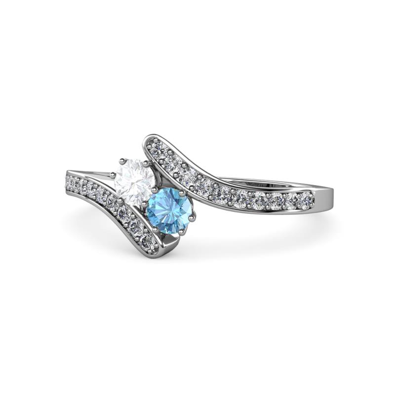 Eleni White Sapphire and Blue Topaz with Side Diamonds Bypass Ring 