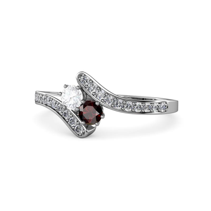 Eleni White Sapphire and Red Garnet with Side Diamonds Bypass Ring 