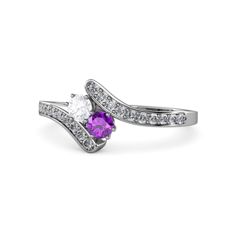 Eleni White Sapphire and Amethyst with Side Diamonds Bypass Ring 