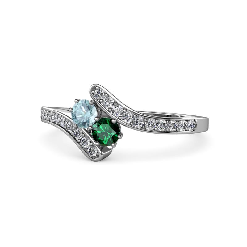 Eleni Aquamarine and Emerald with Side Diamonds Bypass Ring 