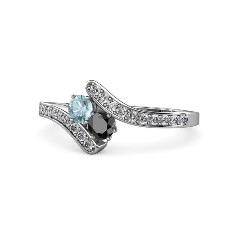 Eleni Aquamarine and Black Diamond with Side Diamonds Bypass Ring 
