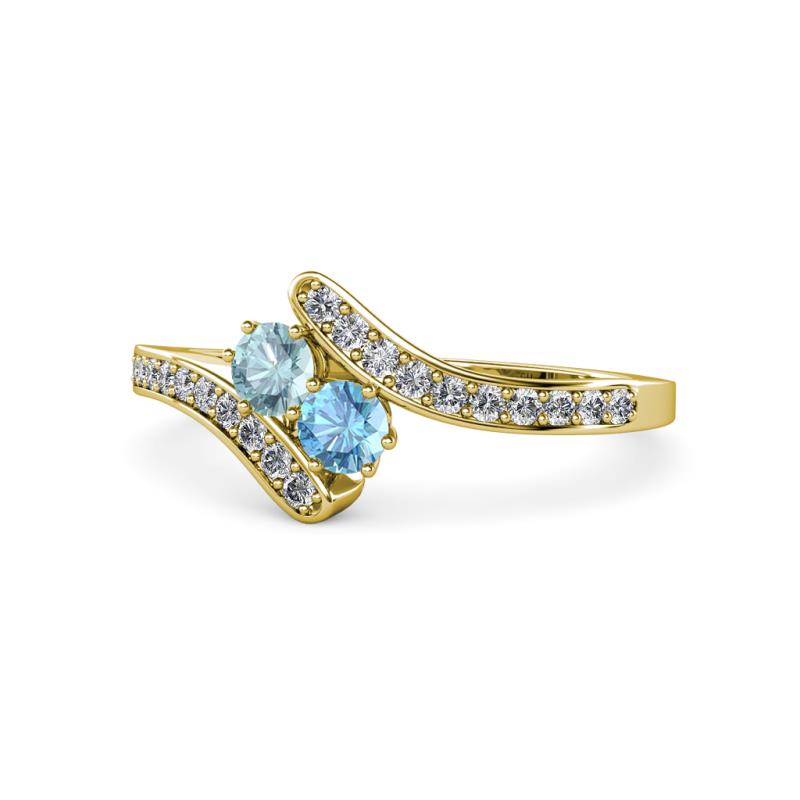 Eleni Aquamarine and Blue Topaz with Side Diamonds Bypass Ring 