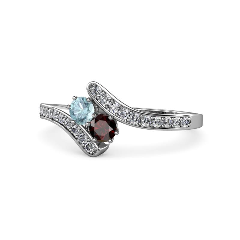 Eleni Aquamarine and Red Garnet with Side Diamonds Bypass Ring 