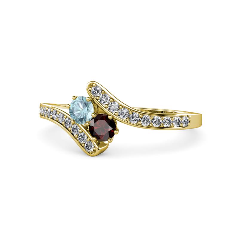Eleni Aquamarine and Red Garnet with Side Diamonds Bypass Ring 