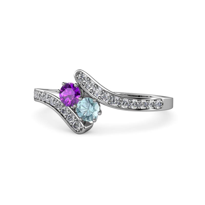 Eleni Amethyst and Aquamarine with Side Diamonds Bypass Ring 