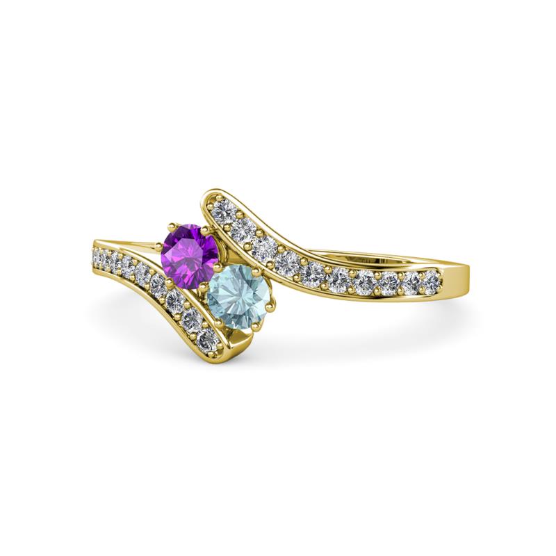 Eleni Amethyst and Aquamarine with Side Diamonds Bypass Ring 
