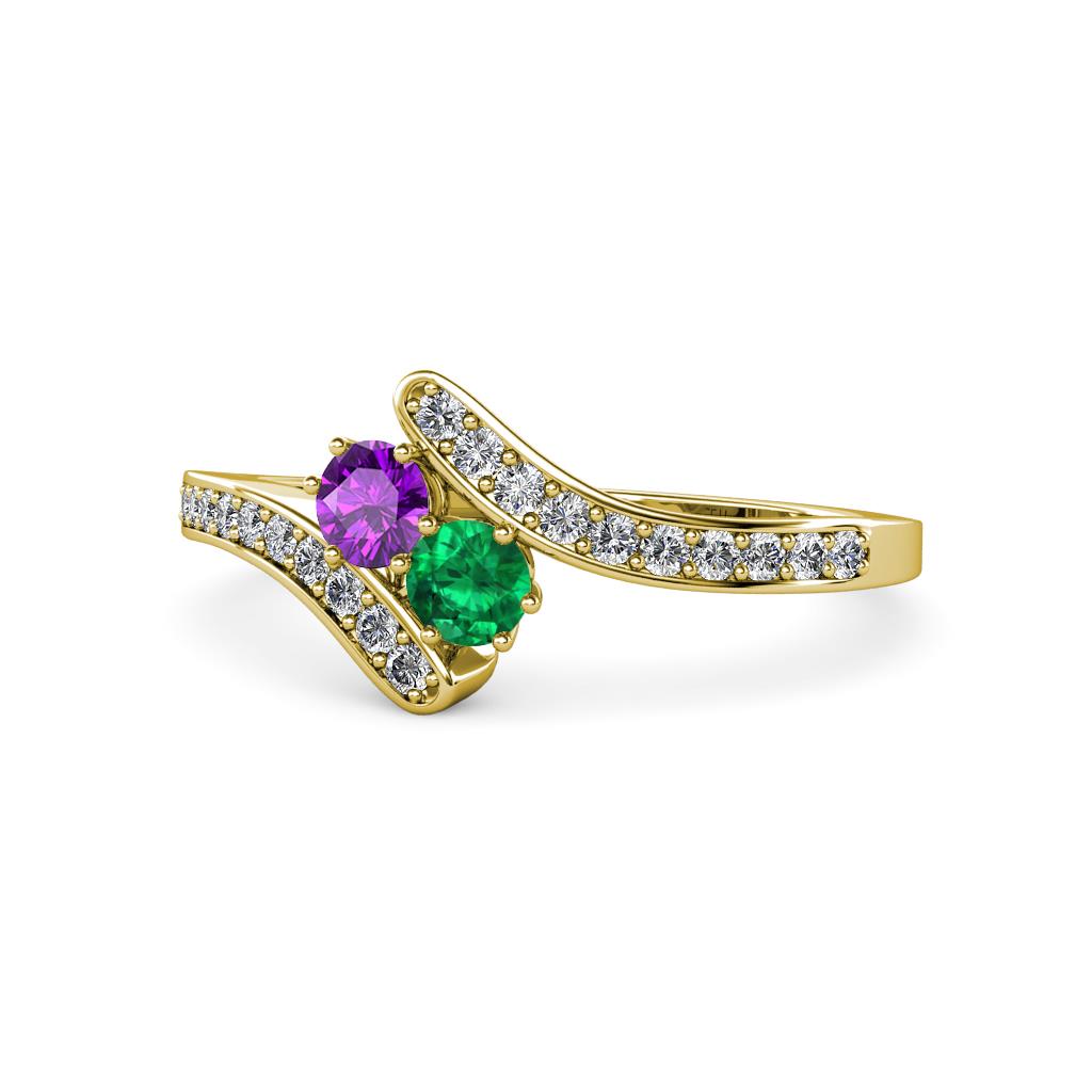 Eleni Amethyst and Emerald with Side Diamonds Bypass Ring 