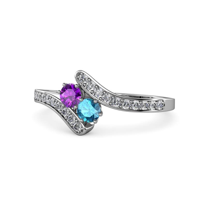 Eleni Amethyst and London Blue Topaz with Side Diamonds Bypass Ring 