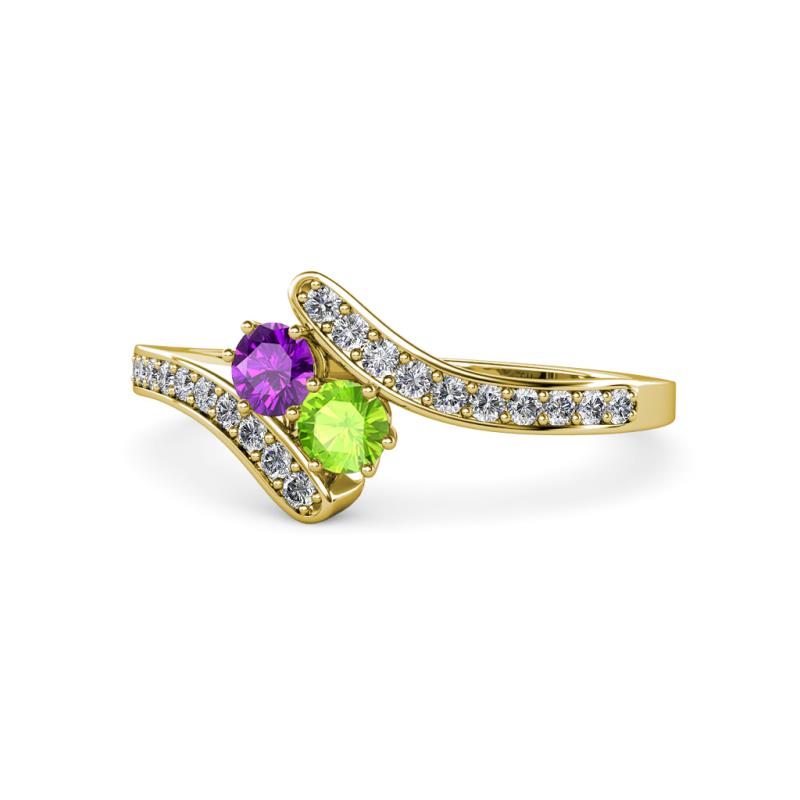 Eleni Amethyst and Peridot with Side Diamonds Bypass Ring 