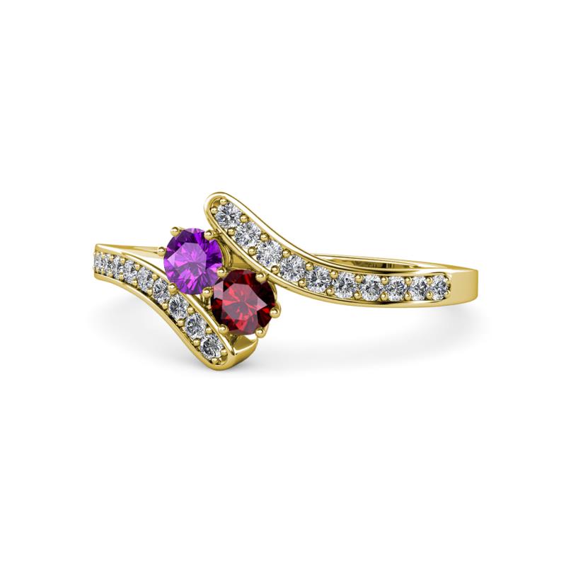 Eleni Amethyst and Ruby with Side Diamonds Bypass Ring 