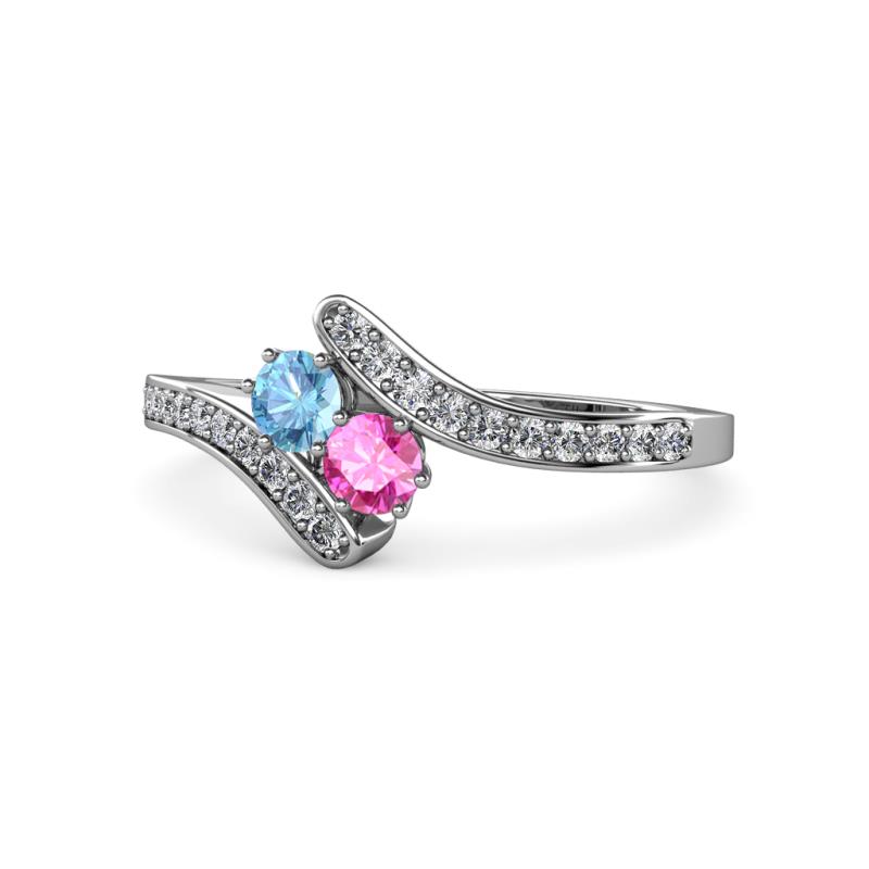 Eleni Blue Topaz and Pink Sapphire with Side Diamonds Bypass Ring 