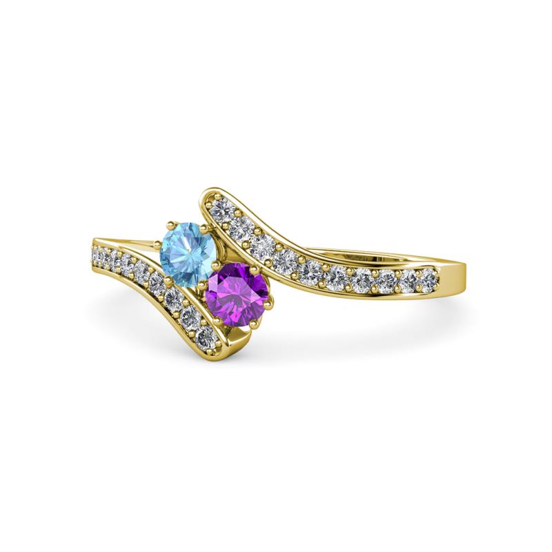 Eleni Blue Topaz and Amethyst with Side Diamonds Bypass Ring 