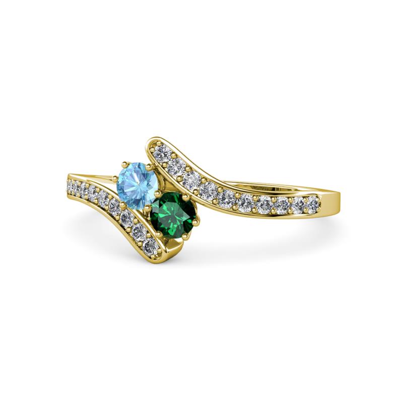 Eleni Blue Topaz and Emerald with Side Diamonds Bypass Ring 