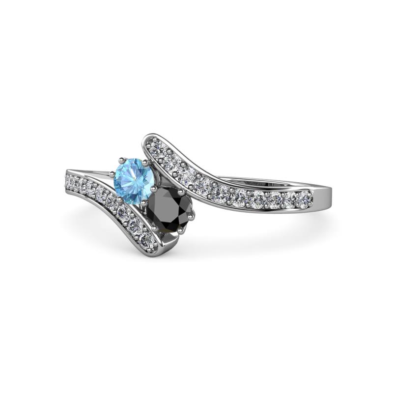 Eleni Blue Topaz and Black Diamond with Side Diamonds Bypass Ring 