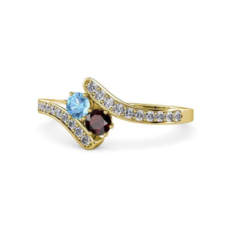 Eleni Blue Topaz and Red Garnet with Side Diamonds Bypass Ring 
