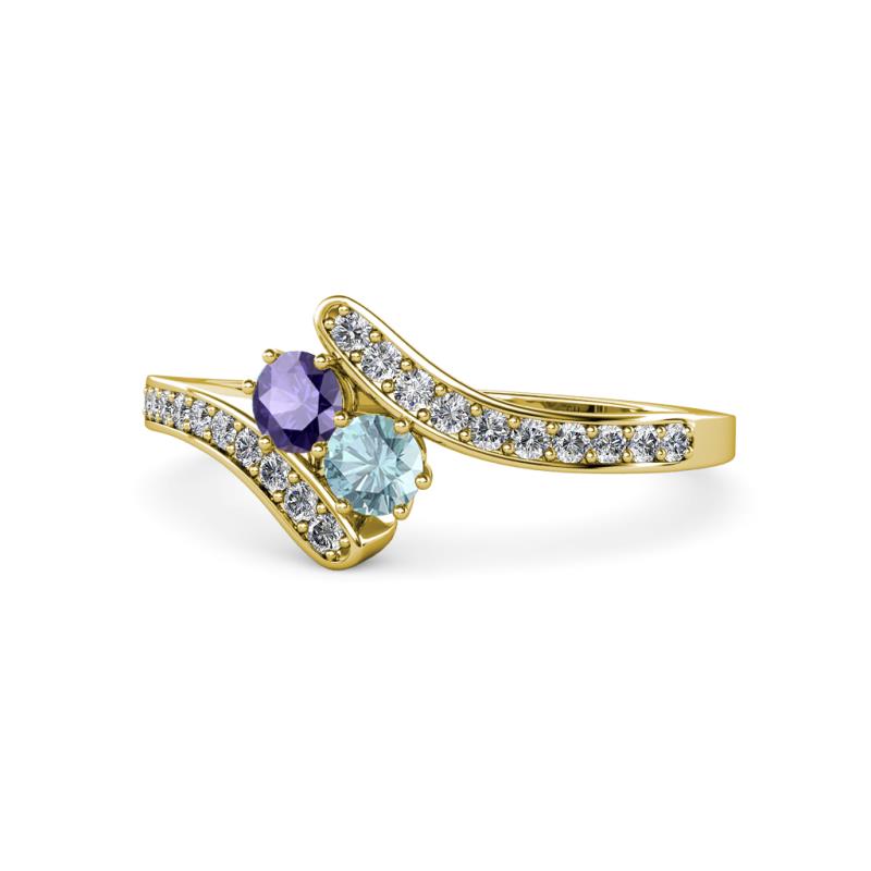 Eleni Iolite and Aquamarine with Side Diamonds Bypass Ring 