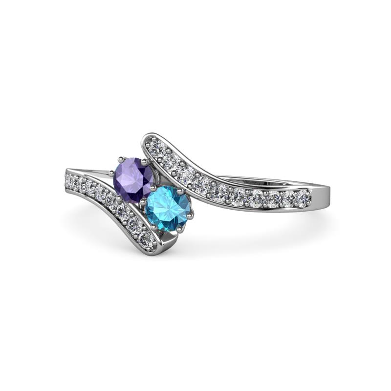 Eleni Iolite and London Blue Topaz with Side Diamonds Bypass Ring 