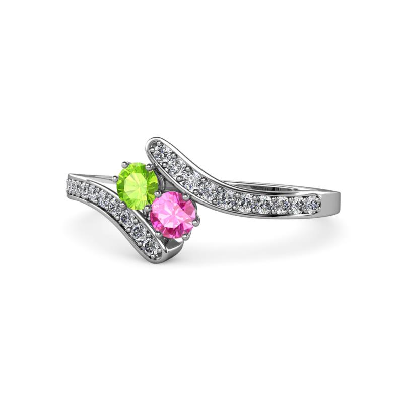 Eleni Peridot and Pink Sapphire with Side Diamonds Bypass Ring 