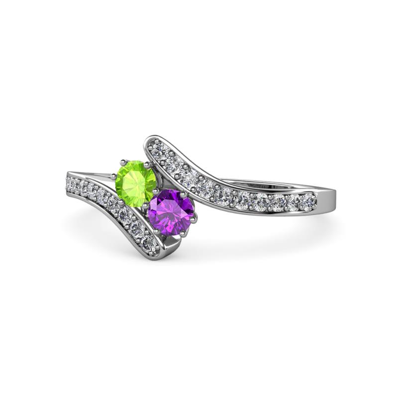 Eleni Peridot and Amethyst with Side Diamonds Bypass Ring 