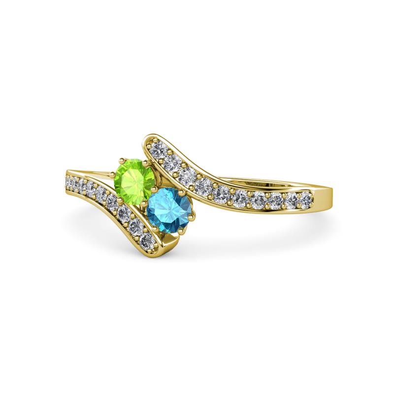 Eleni Peridot and London Blue Topaz with Side Diamonds Bypass Ring 