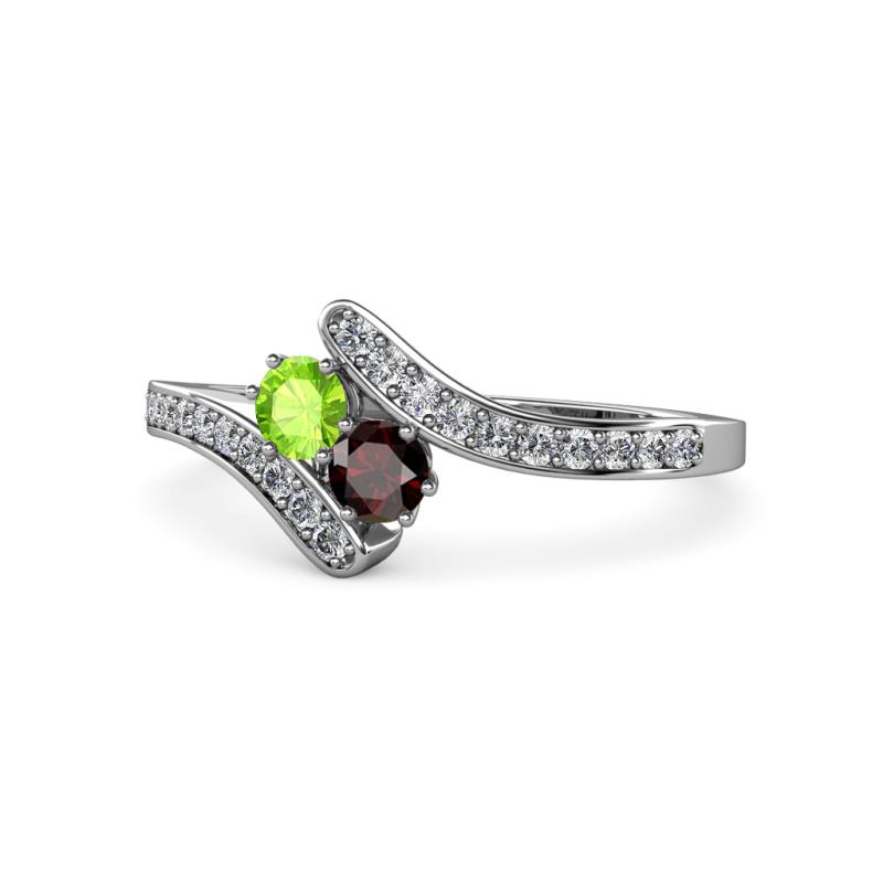 Eleni Peridot and Red Garnet with Side Diamonds Bypass Ring 