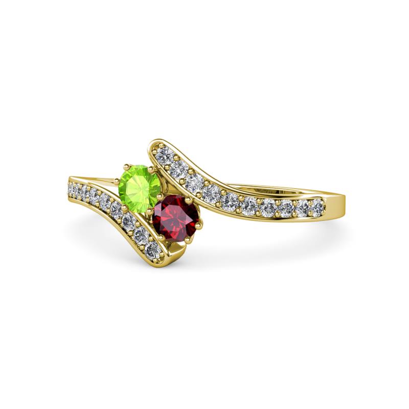 Eleni Peridot and Ruby with Side Diamonds Bypass Ring 