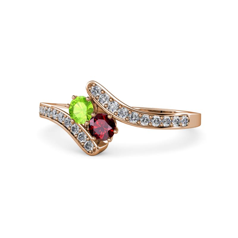 Eleni Peridot and Ruby with Side Diamonds Bypass Ring 