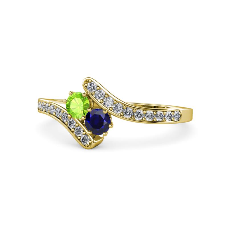 Eleni Peridot and Blue Sapphire with Side Diamonds Bypass Ring 